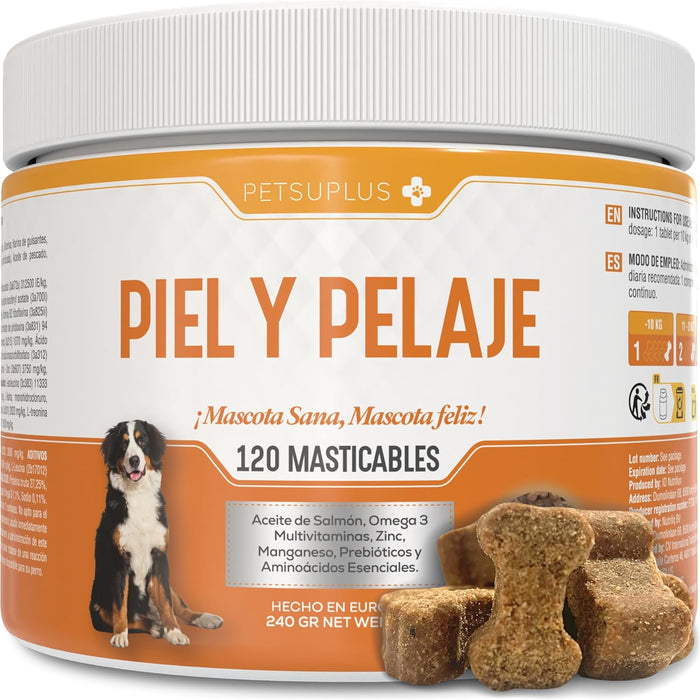 PETSUPLUS Pele e Pelo - Suplemento Alimentar com Óleo de Salmão para Cães e Ômega 3 para Cães - Comichão, Pele Seca, Irritação, Queda de Pelo e Irritabilidade - PetDoctors - Loja Online
