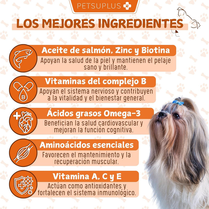 PETSUPLUS Pele e Pelo - Suplemento Alimentar com Óleo de Salmão para Cães e Ômega 3 para Cães - Comichão, Pele Seca, Irritação, Queda de Pelo e Irritabilidade - PetDoctors - Loja Online