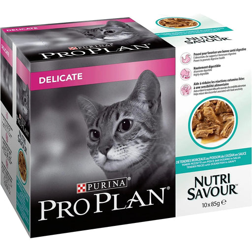 Purina Pro Plan Comida húmida para gato adulto com digestão sensível pacote sortido, 4 embalagens de 10 saquetas de 85 g = 40 Saquetas = 3,4 Quilos - PetDoctors - Loja Online