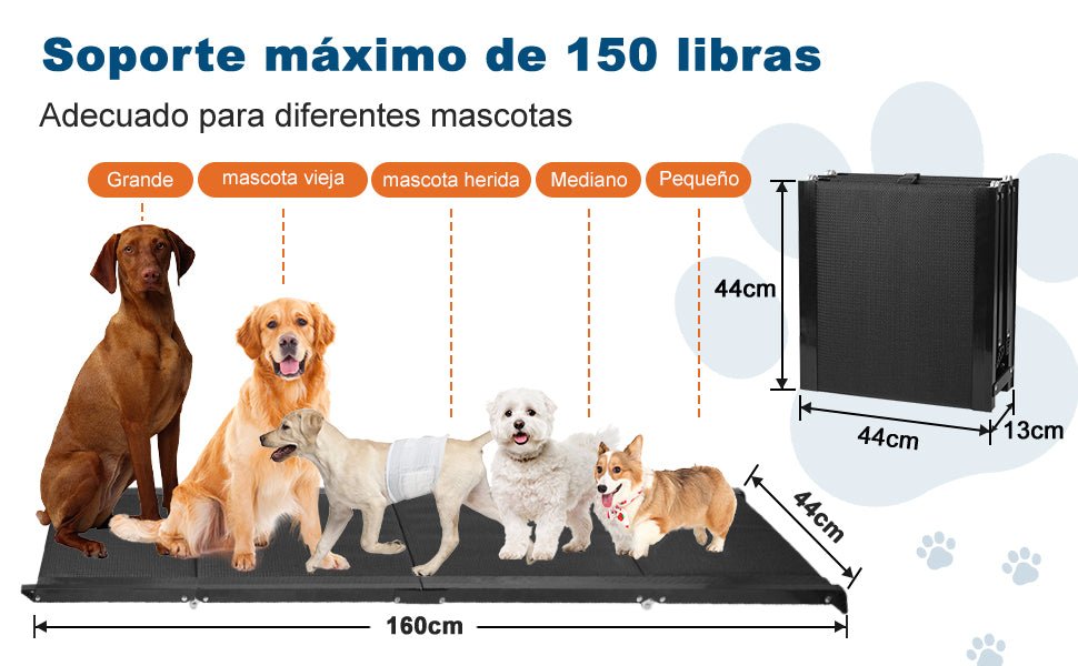 Rampa para Cães, para carros, 1,60 m de comprimento, Dobrável, em Alumínio Antideslizante, Capacidade de Carga de 90 Kgs - PetDoctors - Loja Online