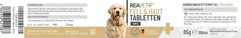 ReaVET Pêlo e Pele para Cães Pack de 120 - para problemas de pele, dermatose e queda de pelo para cães, função de suporte da pele - PetDoctors - Loja Online