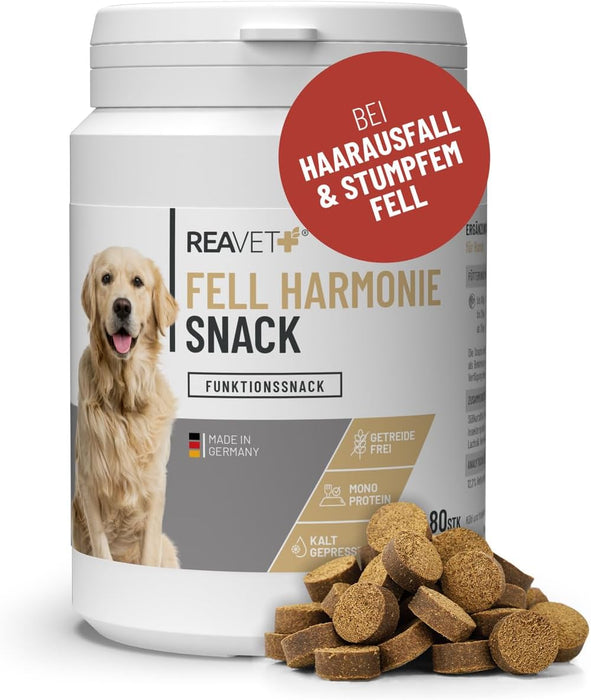 ReaVET Snacks com Ómega - 3 para cães I para uma pele saudável e pelagem brilhante I anti - comichão, queda de pelo, mudança de pelagem - com óleo de salmão, ácidos gordos e ómega - 3 I Guloseimas para cães sem cereais e sem açúcar - PetDoctors - Loja Online