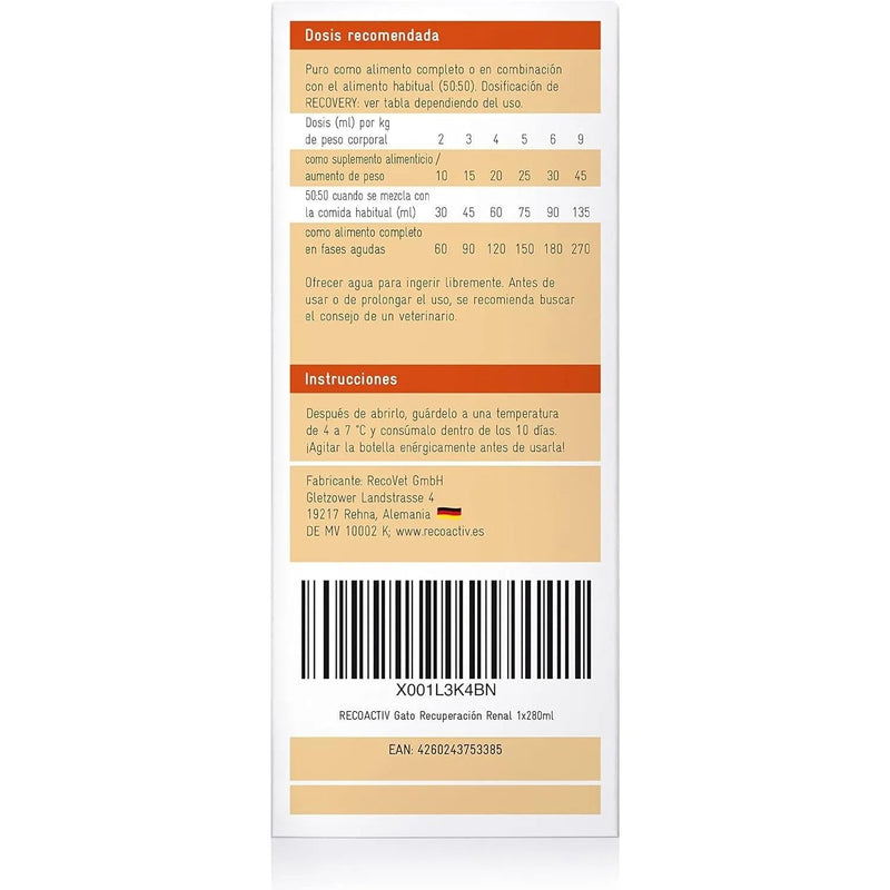 RECOACTIV Recovery renal para gatos, 1 x 280 ml, alimento dietético completo de alto teor calórico para disfunção renal e aumento das necessidades energéticas - PetDoctors - Loja Online