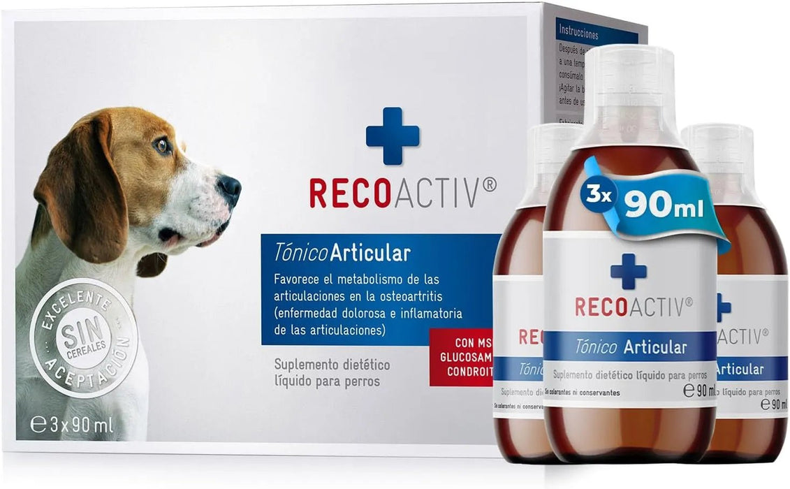 RECOACTIV Tónico Articular Forte para Cães, 3 x 90 ml, Suplemento Alimentar Dietético para Doenças Articulares Degenerativas, com Mexilhão de Lábio Verde, Glucosamina, Sulfato de Condroitina, MSM, Garra do Diabo e Ómega - 3 - PetDoctors - Loja Online