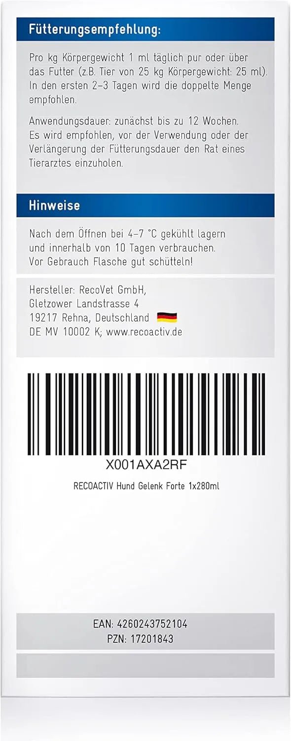 RECOACTIV Tónico Articular Forte para Cães, 3 x 90 ml, Suplemento Alimentar Dietético para Doenças Articulares Degenerativas, com Mexilhão de Lábio Verde, Glucosamina, Sulfato de Condroitina, MSM, Garra do Diabo e Ómega - 3 - PetDoctors - Loja Online
