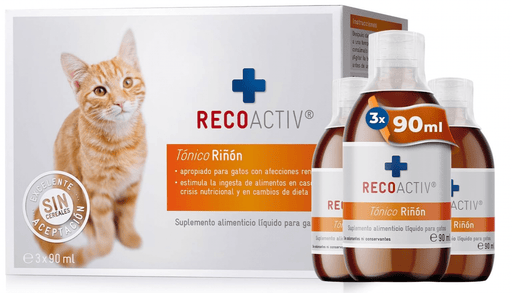 RECOACTIV Tónico renal para gatos, 3 x 90 ml, alimento complementar para convalescência em caso de sinais precoces de disfunção renal no gato, bem como para profilaxia - PetDoctors - Loja Online