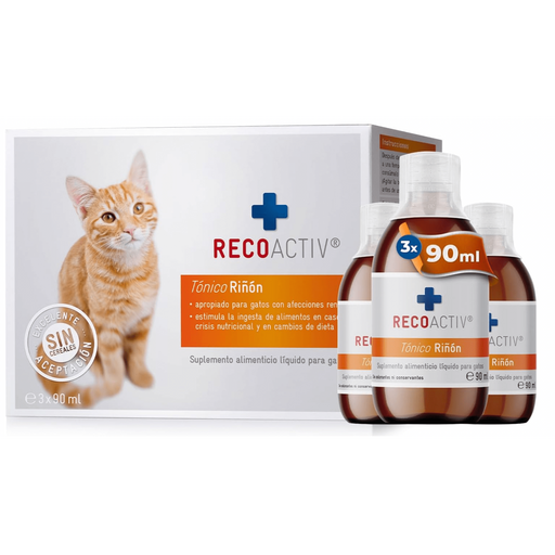 RECOACTIV Tónico renal para gatos, 3 x 90 ml, alimento complementar para convalescência em caso de sinais precoces de disfunção renal no gato, bem como para profilaxia - PetDoctors - Loja Online