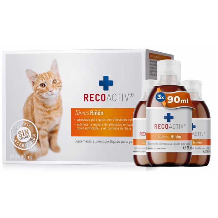 RECOACTIV Tónico renal para gatos, 3 x 90 ml, alimento complementar para convalescência em caso de sinais precoces de disfunção renal no gato, bem como para profilaxia - PetDoctors - Loja Online