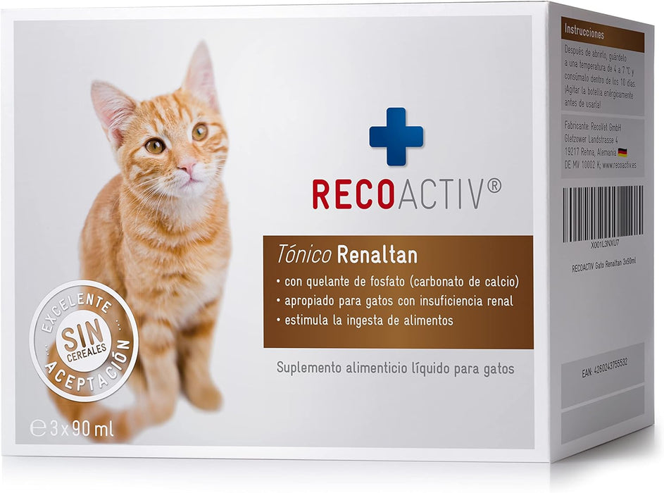 RECOACTIV Tónico renal para gatos, 3 x 90 ml, suplemento alimentar com aglutinante de fosfato para reduzir o conteúdo de fosfato na dieta em casos de insuficiência renal ou IRC - PetDoctors - Loja Online