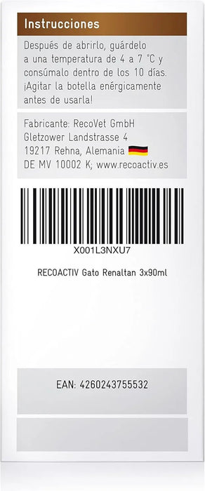 RECOACTIV Tónico renal para gatos, 3 x 90 ml, suplemento alimentar com aglutinante de fosfato para reduzir o conteúdo de fosfato na dieta em casos de insuficiência renal ou IRC - PetDoctors - Loja Online