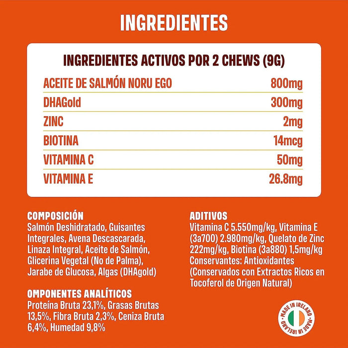 Skin & Coat - Complemento alimentar para cães, anti - picadas, pêlo macio e brilhante - ômega 3, óleo de salmão, DHAgold, vitaminas C, E e zinco - 60 golosinas de salmão - PetDoctors - Loja Online