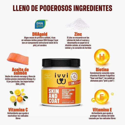 Skin & Coat - Complemento alimentar para cães, anti - picadas, pêlo macio e brilhante - ômega 3, óleo de salmão, DHAgold, vitaminas C, E e zinco - 60 golosinas de salmão - PetDoctors - Loja Online