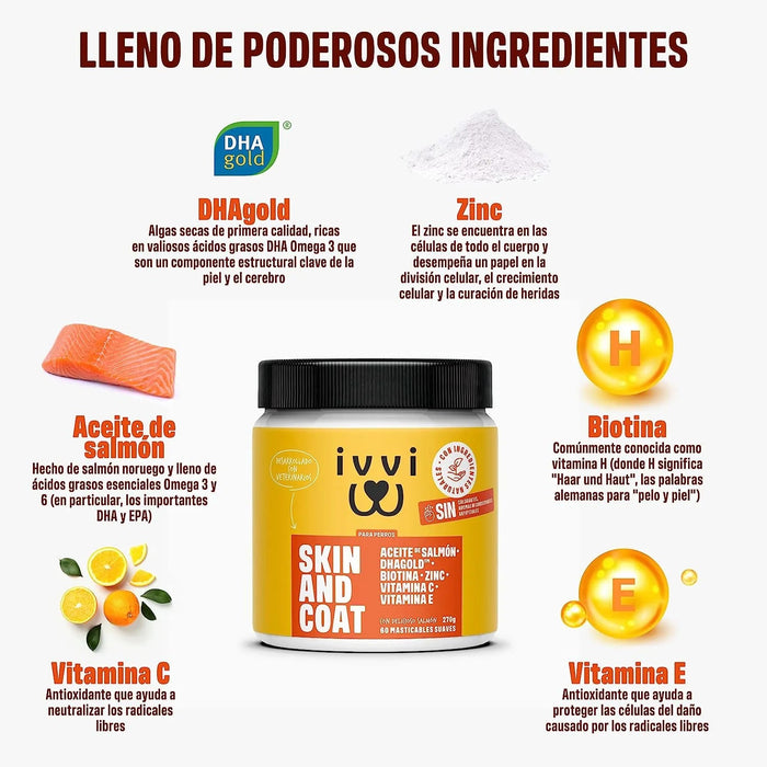 Skin & Coat - Complemento alimentar para cães, anti - picadas, pêlo macio e brilhante - ômega 3, óleo de salmão, DHAgold, vitaminas C, E e zinco - 60 golosinas de salmão - PetDoctors - Loja Online