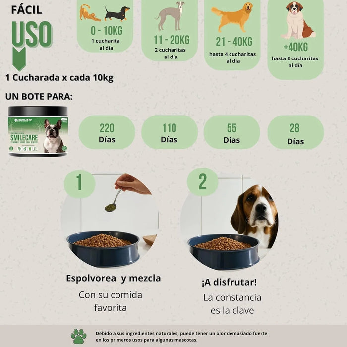 Smilecare - Pós para mau hálito Alga Kelp - Alternativa natural pasta de dentes para cães e gatos, melhora o hálito, reduz o tártaro, prevenção problemas dentários - sem escovar diariamente (220 gr) - PetDoctors - Loja Online