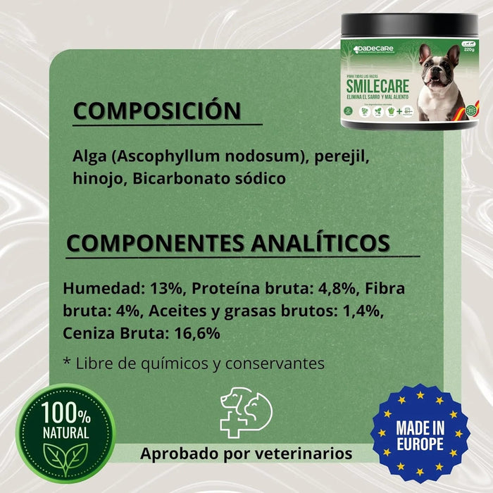 Smilecare - Pós para mau hálito Alga Kelp - Alternativa natural pasta de dentes para cães e gatos, melhora o hálito, reduz o tártaro, prevenção problemas dentários - sem escovar diariamente (220 gr) - PetDoctors - Loja Online