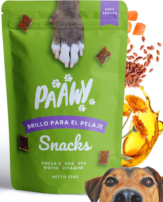 Snacks Paawy para Pêlo Brilhante - suplemento alimentar com ômega 3, biotina e zinco para o pêlo - ajuda na comichão, perda de pêlo e alergias - PetDoctors - Loja Online