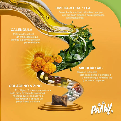Snacks Paawy para Pêlo Brilhante - suplemento alimentar com ômega 3, biotina e zinco para o pêlo - ajuda na comichão, perda de pêlo e alergias - PetDoctors - Loja Online
