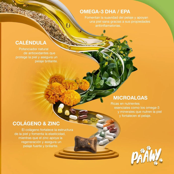 Snacks Paawy para Pêlo Brilhante - suplemento alimentar com ômega 3, biotina e zinco para o pêlo - ajuda na comichão, perda de pêlo e alergias - PetDoctors - Loja Online