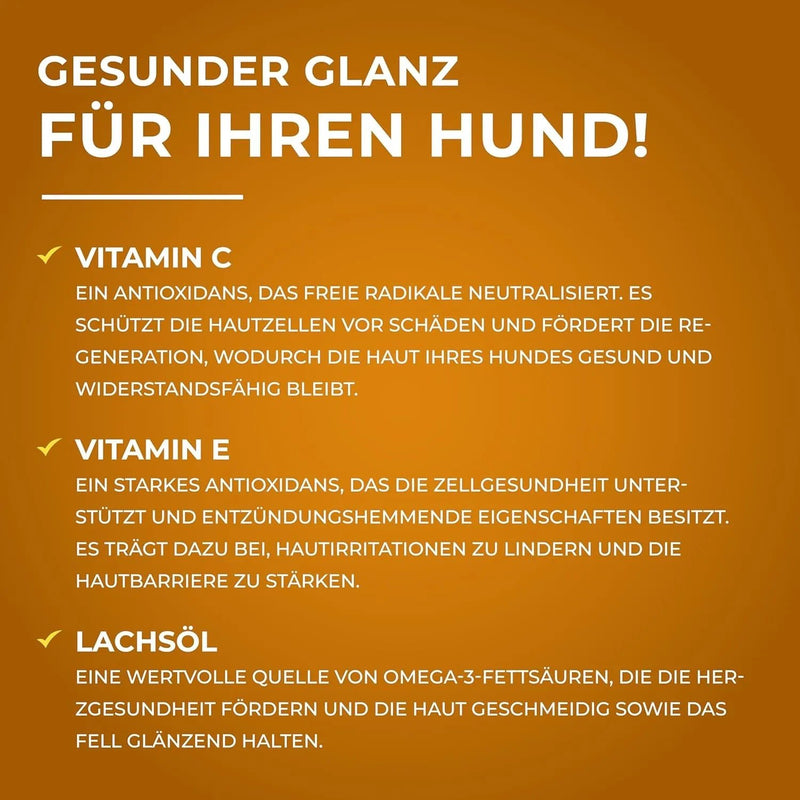Snacks para Cães, Contra a Queda de Pelo - Alimento Suplementar para Cães para Manter o Pelo e a Pele Saudáveis - com Óleo de Salmão, Vitamina A e E - 180 g - PetDoctors - Loja Online
