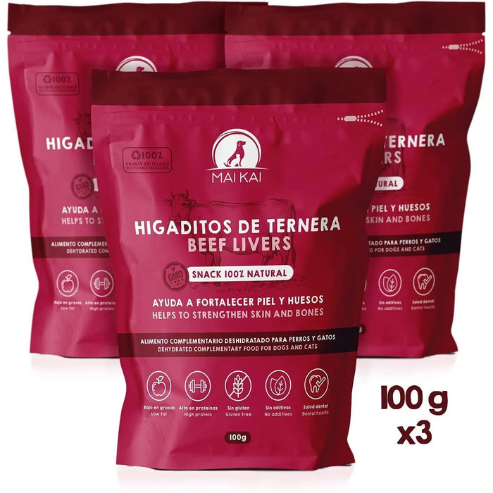 Snacks para cães - Prémios para cães ou gatos, 100% naturais - dieta Barf, figaditos de vitela desidratados (3 x 100 gramas) - PetDoctors - Loja Online
