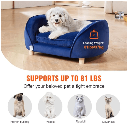 Sofá Cama de Luxo, para Cães pequenos e Gatos, estofado em veludo, Base de metal e bordas elevadas, 63,5 x 43 x 24,5 cm, Azul - PetDoctors - Loja Online