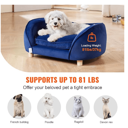 Sofá Cama de Luxo, para Cães pequenos e Gatos, estofado em veludo, Base de metal e bordas elevadas, 63,5 x 43 x 24,5 cm, Azul - PetDoctors - Loja Online