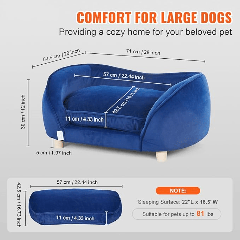 Sofá Cama de Luxo, para Cães pequenos e Gatos, estofado em veludo, Base de metal e bordas elevadas, 63,5 x 43 x 24,5 cm, Azul - PetDoctors - Loja Online