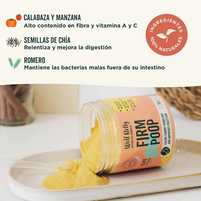 Suplemento com probióticos para problemas gastrointestinais - detém a diarreia e a obstipação - 180 g - Recupera e cuidado com a flora intestinal para cães e gatos - 100 % natural - Wolf Belly Firm Poop - PetDoctors - Loja Online