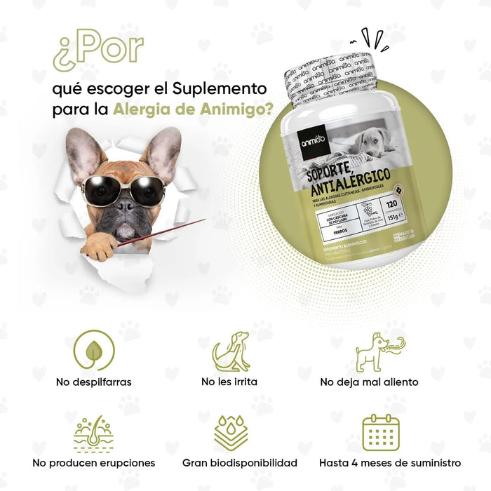 Suplemento natural alergias para aliviar a comichão em cães - 120 comprimidos sabor de frango | complemento hipoalergénico de Psyllium, sementes de linho e açafrão | anti - inflamatório - PetDoctors - Loja Online