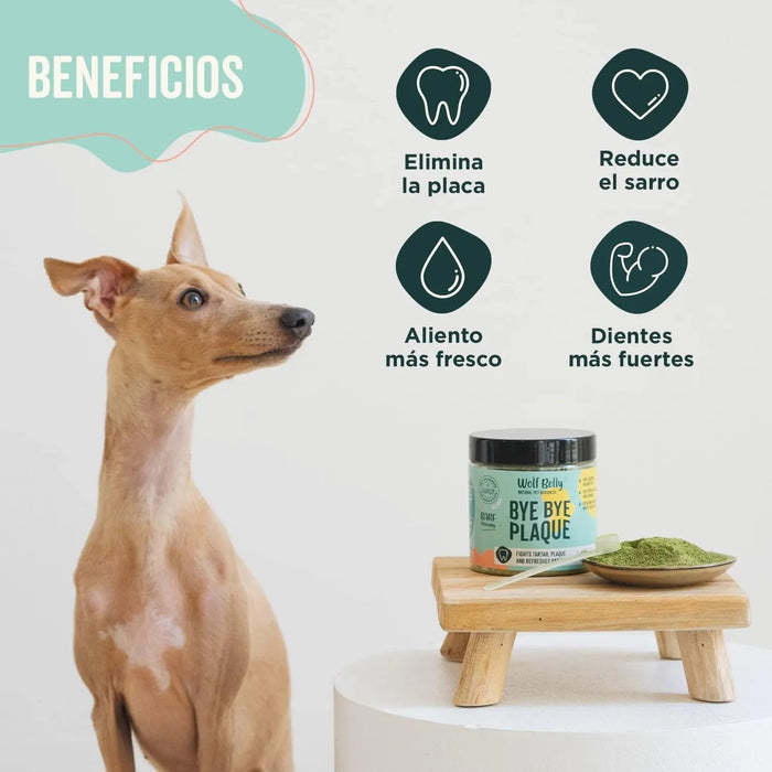 Suplemento para mau hálito e tártaro de cães e gatos - substituto escova de dentes - 100 % natural - Wolf Belly Bye Bye Plaque - PetDoctors - Loja Online