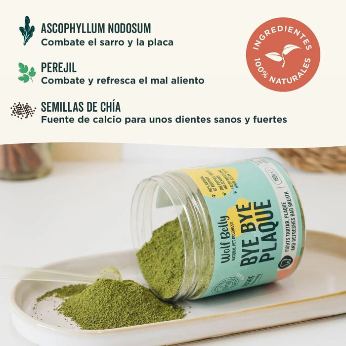 Suplemento para mau hálito e tártaro de cães e gatos - substituto escova de dentes - 100 % natural - Wolf Belly Bye Bye Plaque - PetDoctors - Loja Online