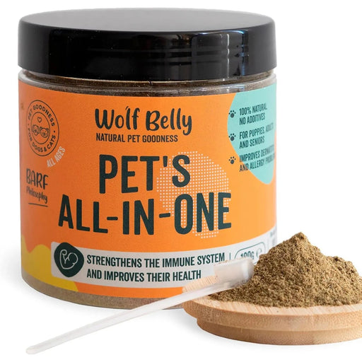 Suplemento para melhorar o bem - estar geral - 180 g - dieta BARF rica em vitaminas, minerais e proteínas para cães e gatos - Melhora o sistema imunitário - 100% natural - Wolf Belly Pets All - in - One - PetDoctors - Loja Online