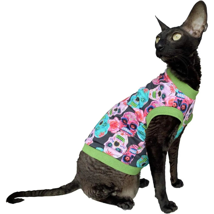 T-shirt Mexican Skulls de algodão, sem pelo, para Gato - PetDoctors - Loja Online
