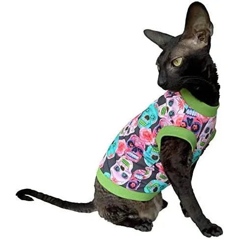T-shirt Mexican Skulls de algodão, sem pelo, para Gato - PetDoctors - Loja Online