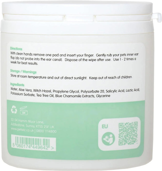 Toalhetes para os ouvidos de cães e gatos. Limpam, acalmam e desodorizam com ingredientes ativos naturais, aloé vera, hamamelis, óleo da árvore do chá e extrato de camomila azul - PetDoctors - Loja Online