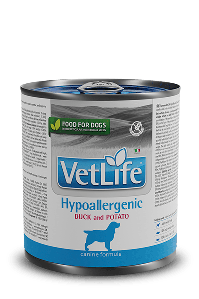 VetLife Canine Hypoallergenic Duck & Potato Húmido (6 latinhas de 300 gramas cada) - PetDoctors - Loja Online