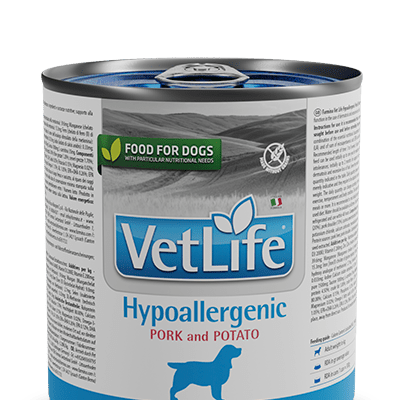 VetLife Hypoallergenic Pork & Potato Wet Food Canine (6 latinhas de 300 gramas cada) - PetDoctors - Loja Online
