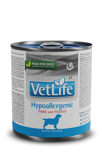 VetLife Hypoallergenic Pork & Potato Wet Food Canine (6 latinhas de 300 gramas cada) - PetDoctors - Loja Online