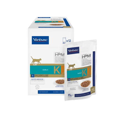 VIRBAC HPM KJ1 Early Kidney & Joint Cat (WET) - Alimento completo húmido para suporte da função renal em gatos - 12 saquetas de 85 gramas - PetDoctors - Loja Online