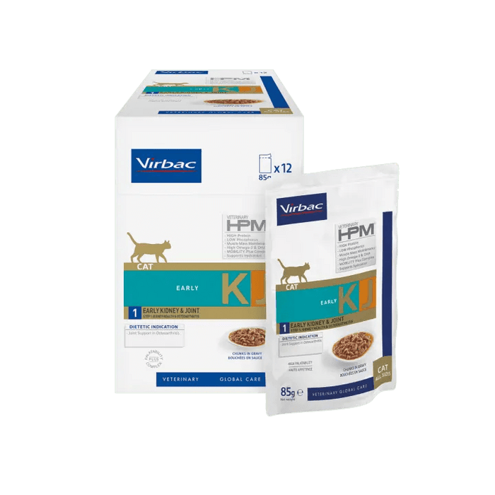 VIRBAC HPM KJ1 Early Kidney & Joint Cat (WET) - Alimento completo húmido para suporte da função renal em gatos - 12 saquetas de 85 gramas - PetDoctors - Loja Online