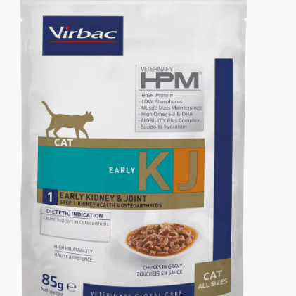 VIRBAC HPM KJ1 Early Kidney & Joint Cat (WET) - Alimento completo húmido para suporte da função renal em gatos - 12 saquetas de 85 gramas - PetDoctors - Loja Online