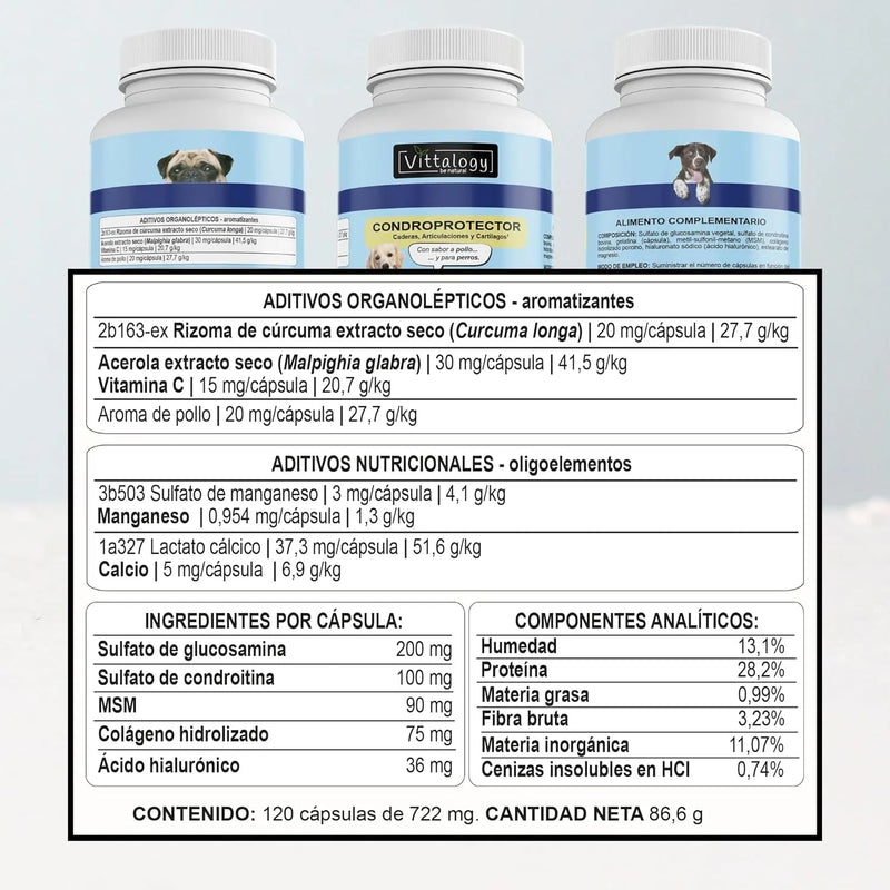 VITTALOGY Condroprotetor para cães. Anti - inflamatório natural com colagénio, condroitina, hialurónico e açafrão. Complemento alimentar para quadris, articulações e cartilagens (120 cápsulas) - PetDoctors - Loja Online