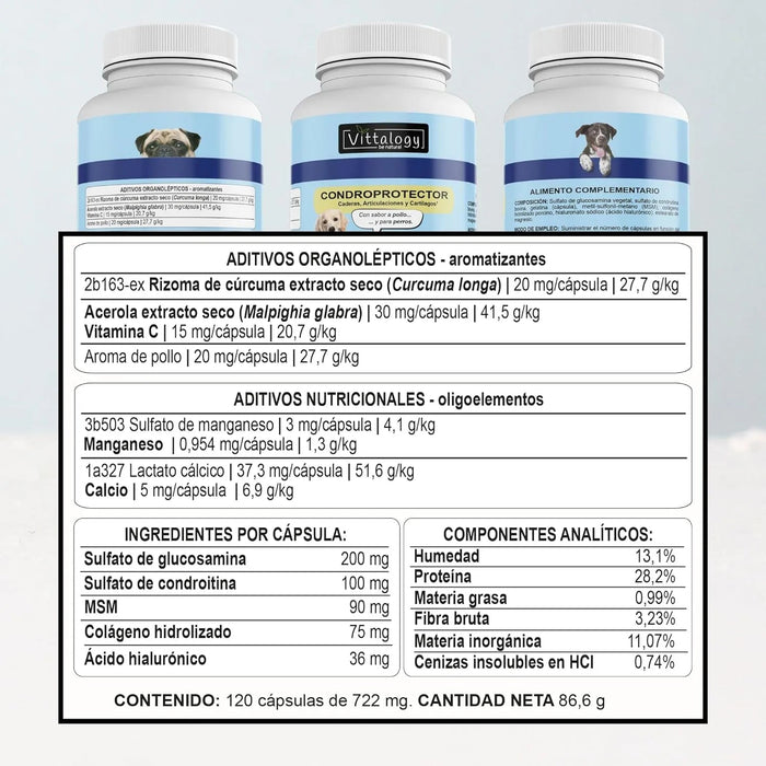 VITTALOGY Condroprotetor para cães. Anti - inflamatório natural com colagénio, condroitina, hialurónico e açafrão. Complemento alimentar para quadris, articulações e cartilagens (120 cápsulas) - PetDoctors - Loja Online