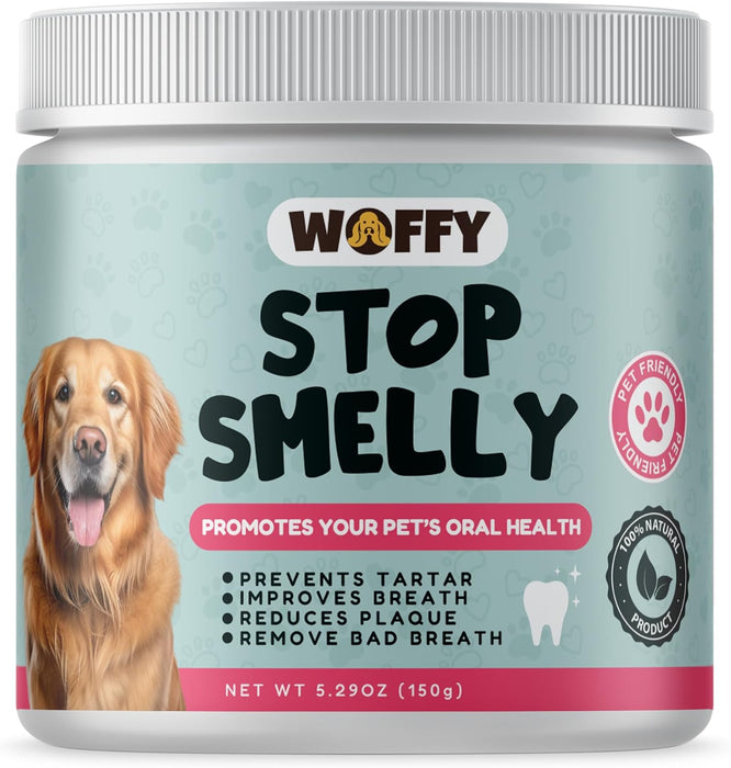 Woffy Stop Smelly pó dental natural para mau hálito de cão - elimina o tártaro, reduz a placa e melhora o mau hálito (com algas ascophyllum e probióticos) - PetDoctors - Loja Online