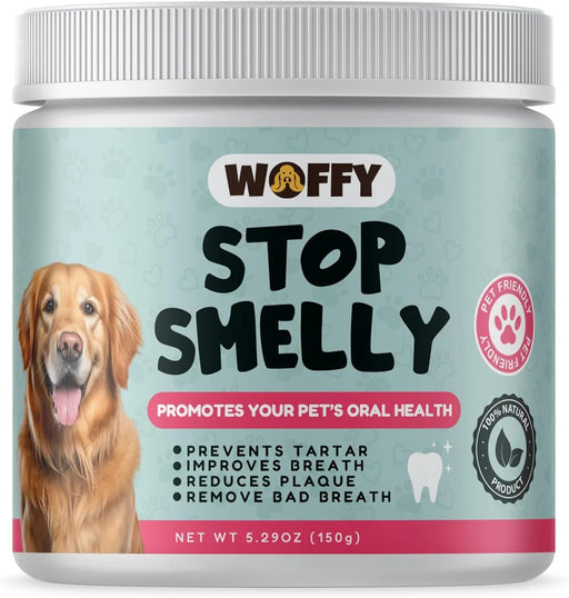 Woffy Stop Smelly pó dental natural para mau hálito de cão - elimina o tártaro, reduz a placa e melhora o mau hálito (com algas ascophyllum e probióticos) - PetDoctors - Loja Online