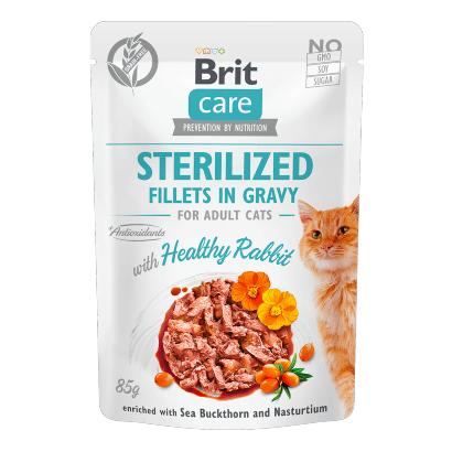 Brit Care Cat Sterilized Healthy Rabbit in Gravy | Wet (Saqueta) | 10 Saquetas x 85 gramas | Alimento Completo SuperPremium para Gatos Esterilizados - PetDoctors - Loja Online