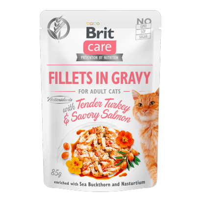 Brit Care Cat Tender Turkey & Savory Salmon in Gravy| Wet (Saqueta) | 10 Saquetas x 85 gramas | Alimento Grain Free SuperPremium para Gatos Adultos - PetDoctors - Loja Online