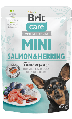 Brit Care Mini Sterilized Salmon & Herring Fillets in Gravy | Wet (Saqueta) | 85 gr - PetDoctors - Loja Online