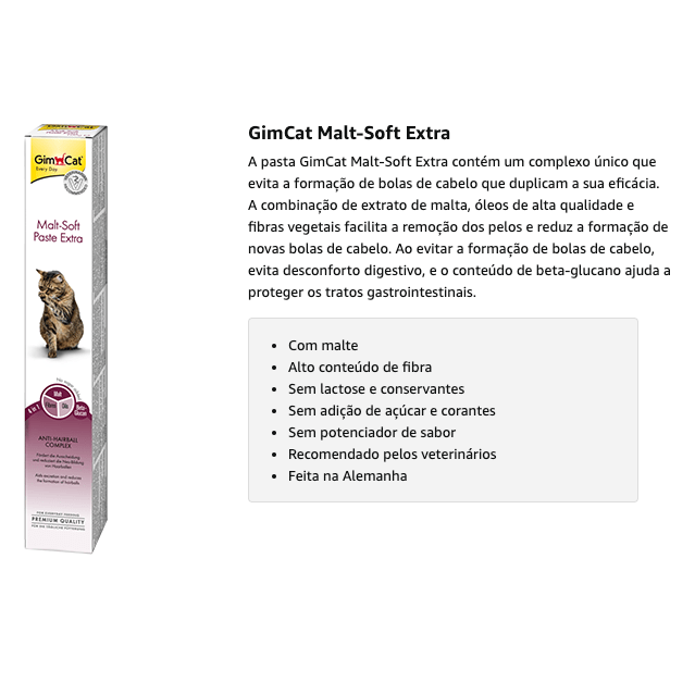 GimCat Malt-Soft Extra, pasta com malte - Anti-Hairball snack para gatos favorece a excreção de bolas de pelo - PetDoctors - Loja Online