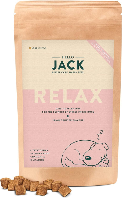 Hello Jack Relax Suplemento diário para cães - tranquilizante mastigáveis para cães e cachorros, para aliviar o stress e o equilíbrio emocional - sabor de manteiga de amendoim - PetDoctors - Loja Online